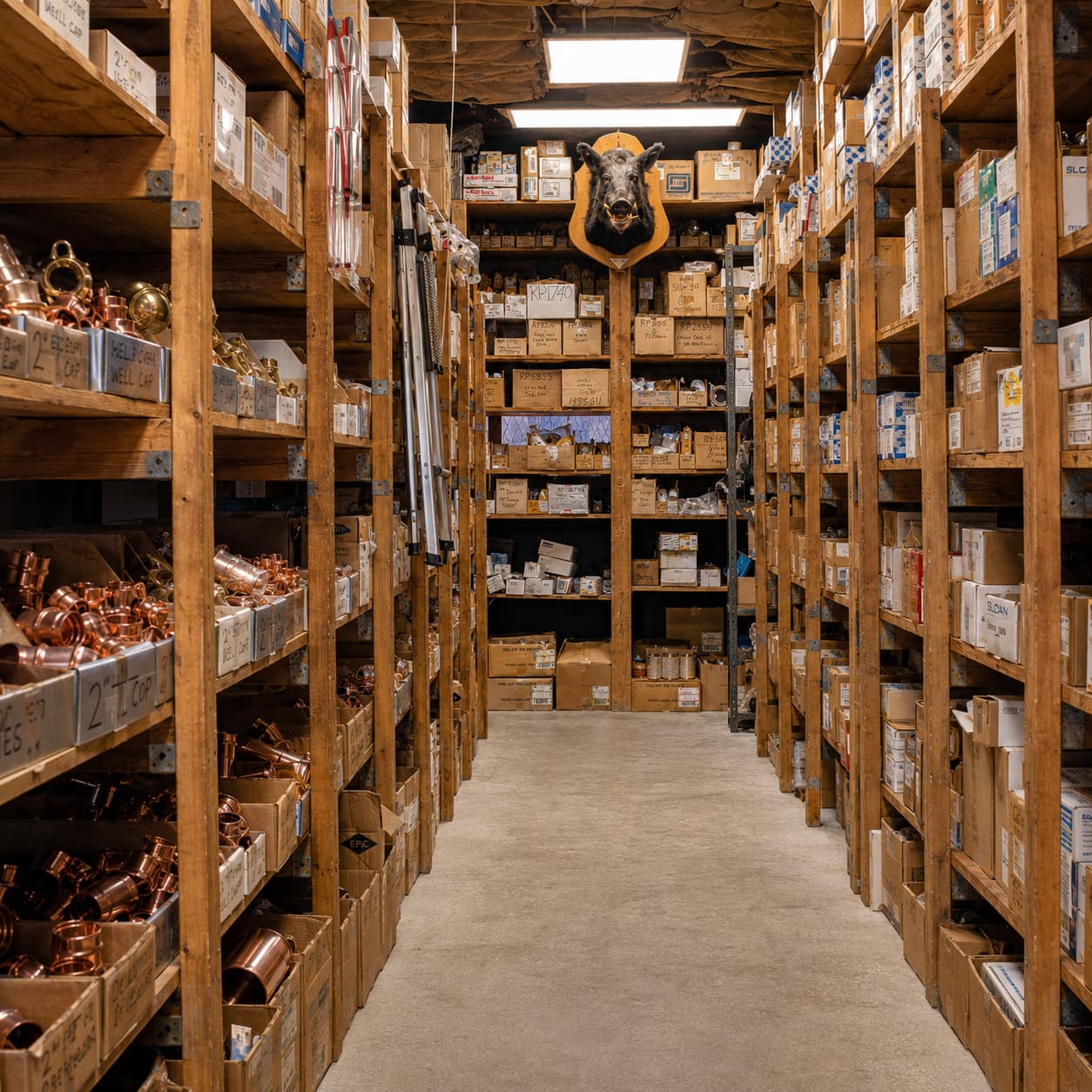 A warehouse aisle stocked with plumbing and heating inventory at Kiner Supply Co., Inc.